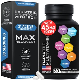 Bariatric Multivitamin with Iron 45mg for Women & Men - 21-in-1 Essential Post Gastric Bypass and Gastric Sleeve Vitamins A,C,D,E, B Complex - No Fillers, Non-GMO - One a Day, 30 Bariatric Iron Caps.