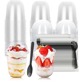 WYIPOLZI 100 Pack 12OZ Plastic Parfait Cups with No Hole Dome Lids and Sporks, Clear Plastic Cup with Lids, Disposable Yogurt Fruit Cups for Dessert,Cupcake,Parfait,Pudding,Ice Cream,Snacks (U-Shape)