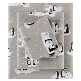 True North by Sleep Philosophy Cozy Flannel Warm 100% Cotton Sheet - Novelty Print Animals Stars Cute Ultra Soft Cold Weather Bedding Set, Twin, Grey Penguins 3 Piece