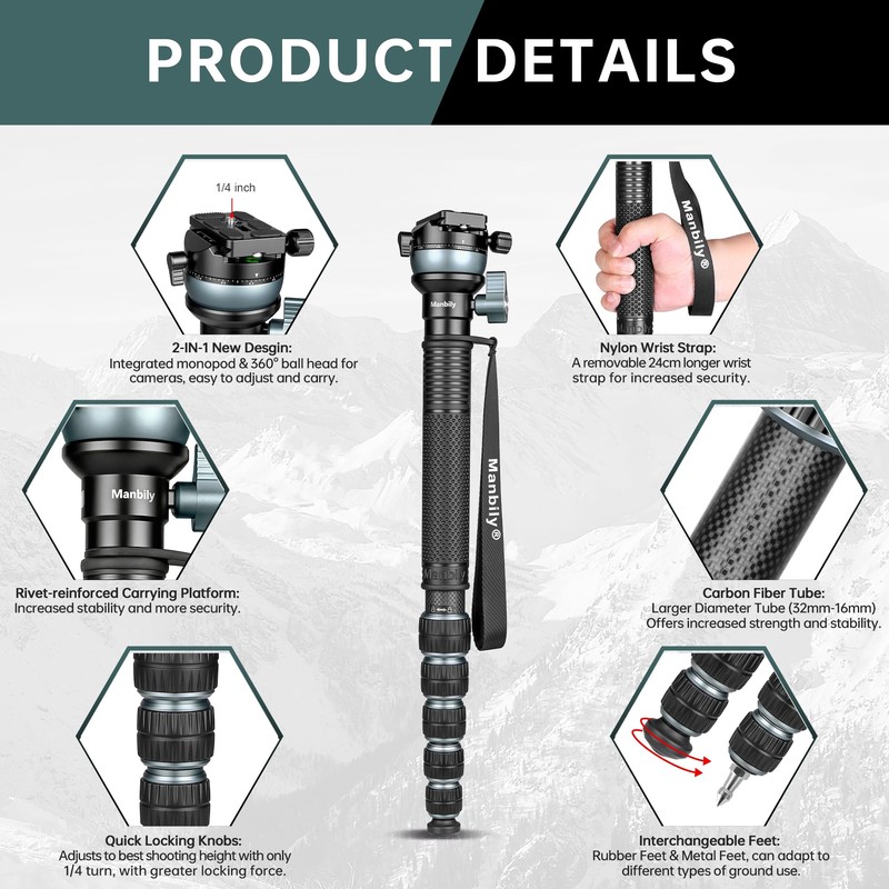 Manbily Camera Monopod with 360° Ball Bowl Head and 1/4inch