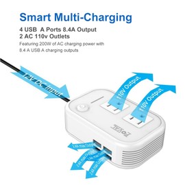 FOVAL 200W Car Power Inverter, DC 12V to 110V AC Car Outlet Adapter Plug Adapter Converter with 4 USB Ports Car Laptop Charger Power Inverter for Vehicles (White) | FOVAL