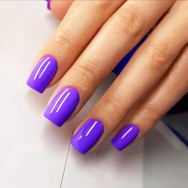 KKUUOO Purple Press on Nails Square Fake Glossy Glue Short Solid Color False with Design Full Cover Acrylic Cute Stick for Women and Girls DIY Manicure 24Pcs
