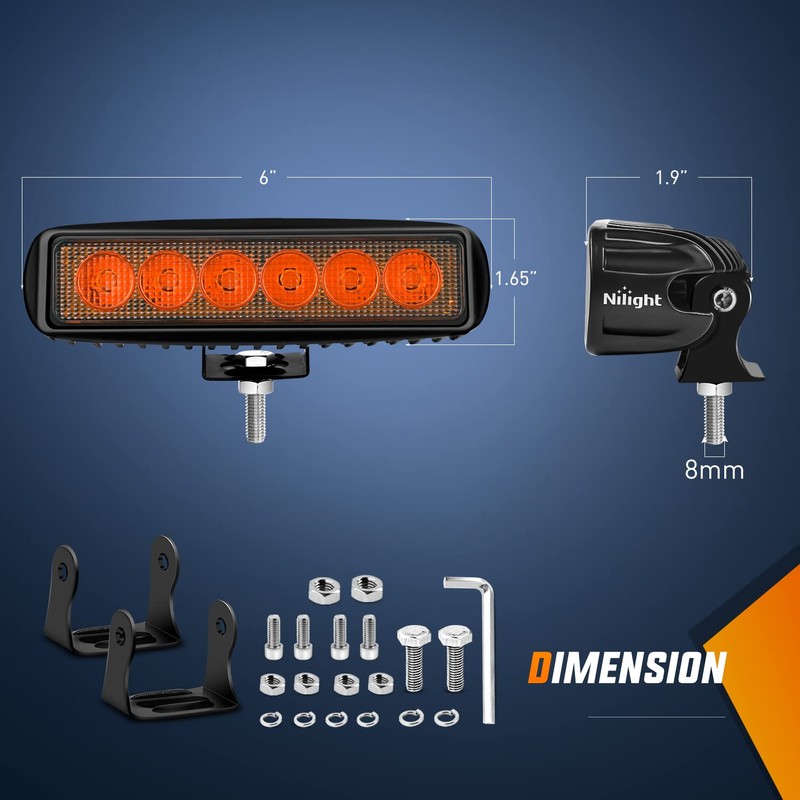 Nilight 6 inch Amber LED Light Bar 2PCS 18W Spot