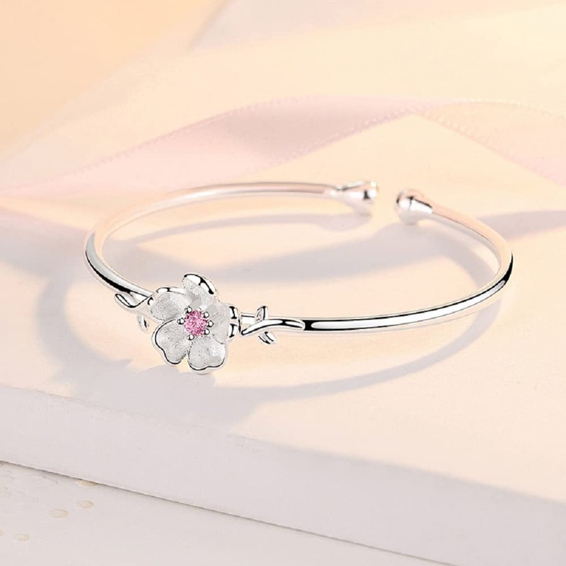 Ganquya Sterling Silver Plated Pink CZ Cherry Blossoms Flower Women