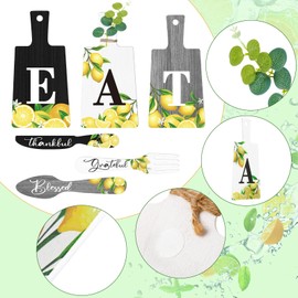 Qunclay 6 Pcs Lemon Cutting Board Eat Sign Set Fall Hanging Art Kitchen Eat Sign Lemon Knife Fork and Spoon Wall Decor Rustic Primitive Farmhouse Kitchen Christmas Decor(Black, White, Gray)