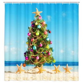 Cortina de ducha de tela de árbol de Navidad para verano, playa tropical, Navidad en julio, Año Nuevo, cortina de ducha para baño, cortina de baño de Navidad con ganchos, 69 x 70 pulgadas