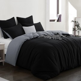 Aisbo Double Size Duvet Cover Set - 3Pcs Reversible Bedding Bed Set Black and Grey Double Soft Brushed Microfiber Quilt Cover with 2 Pillowcases 50x75cm