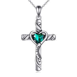 URONE Cross Necklace 925 Sterling Silver Birthstone Cross Pendant May Birthstone Heart Jewelry Gifts For Women