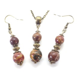 Halskette und Ohrringe aus Bronze mit Picasso-Jaspis-Anhänger und tibetischen Perlen