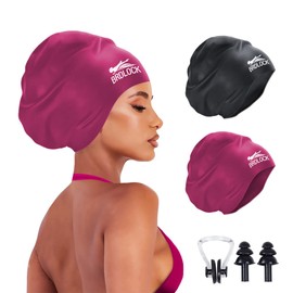 2 Pack Extra Large Swim Cap for Long Hair Braids Dreadlocs Waterproof Silicone Swimming Cap (Large, Black,Windsor Wine)