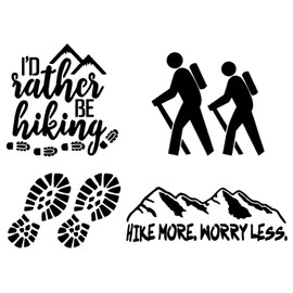 Hiking Decal 4 Pack: I’d Rather Be Hiking, Hike More Worry Less, Boot Prints, Hikers (Black, Small ~3.5")