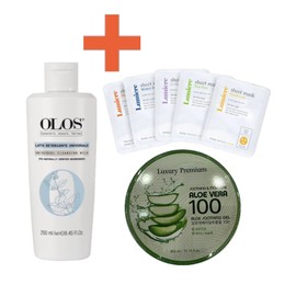 Olos Universal Cleansing Milk 250ml + Aloe Soothing Gel 300ml + Lumiere Sheet Pack 5 sheets / 올로스 유니버셜 클렌징 밀크 250ml+알로에 수딩젤 300ml+루미에르 시트팩 5장