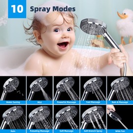 Hibbent All Metal 10'' Dual Filtered Rainfall Shower Head Combo, High Pressure Handheld Shower Head with 12'' Adjustable Curved Extension Arm, 20 Stage Shower Filter, 10-spray, 71'' Hose, Chrome