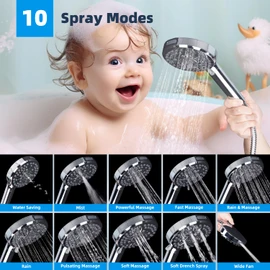 Hibbent All Metal 10'' Dual Filtered Rainfall Shower Head Combo, High Pressure Handheld Shower Head with 12'' Adjustable Curved Extension Arm, 20 Stage Shower Filter, 10-spray, 71'' Hose, Chrome