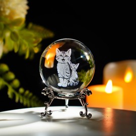 2.3in Cat Crystal Ball Figurines Glass Laser Engraved with Kitten Snuggling Up to Mother Cat Themed Gifts for Mother and Cat Lovers