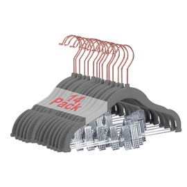 Wellong Baby Hangers with Clips, 14 Packs Kids Velvet Clothes Hangers, Heavy-Duty Childrens Pant Hangers for Shirts, Pants, Skirts, Dresses, Jackets, Coat Gray - Rose Gold Hook