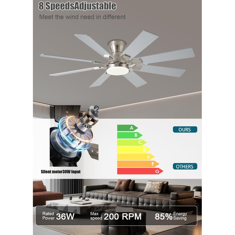 JSAITEE 52 inch Ceiling Fan with Light, 6 Speeds Reversible