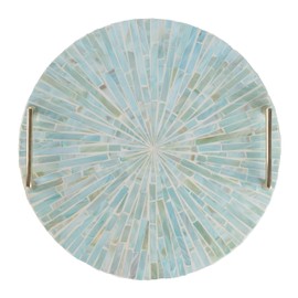 PEMAR Mother of Pearl Decorative Tray, 13" Round Versatile Display and Serving Tray with Gold Handles, Vanity/Perfume/Trinket Tray, Catchall for Dresser, Bathroom, Vanity Table (Teal Sunlight)