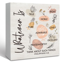 KFXHANGD Christian Philippians 4:8 Wooden Box Sign Desk Decor, Whatever Is True Bible Verse Decorative Signs for Office, Inspirational Desk Decoration, Religious Floral Home Shelf Decor 5x5Inch