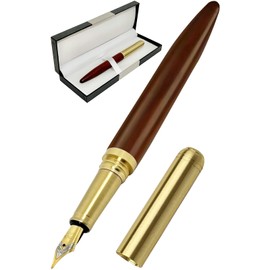 UB-Lab. Retro Brass Fountain Pen, Wood, Gold Color, Cap, Screw, Notebook, Book, Letter, Memo, Book, Novel, Sketch, Wood, Pen, Gift Box (Sandalwood)