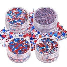 Paminify 4 jars Red Blue White Hair Glitter,4th of July Body Face Glitter,USA Flag Star Patriotic Sparkle Makeup,Chunky Fourth of July Outfits for Women & Kids,Independence Day Accessories,40g/1.41 oz