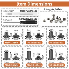 90Sets Chicago Screws Leather Rivets Assorted Screw Rivet M5 Chicago Leather Screw for Decoration and DIY Leather Craft Belt Bag Shoes Purse Bookbinding（M5*4,5,6,8,10,12） (Gun Black)