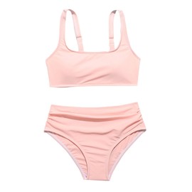 OYOANGLE Girl's 2 Piece Swimsuit Sport High Waist Teen Kids Bikini Set Bathing Suit Swimwear Pink 160