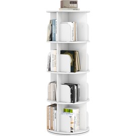 Rotating Bookshelf, 360 Display 4 Tier, Small Corner Bookshelf for Small Space, Floor Standing Bookcase Storage Rack, Wood Narrow Book Shelf Organizer for Bedroom, Living Room (18.1", White)