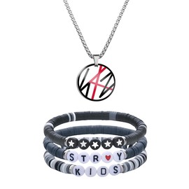 XFSRG Kpop Fan Jewellery Set Stainless Steel Necklace with Graphic Pendant and 3 Colourful Polymer Clay Bracelets Unisex Street Style Accessory, Polymer Clay