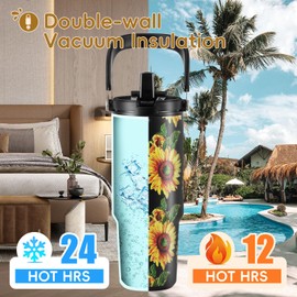 VUSIGN 30 oz Tumbler with Handle and Flip Straw, Stainless Steel Vacuum Insulated Water Bottle Travel Mug Thermal Cup for Home, Office, Car, Outdoors, Sports, Sunflower