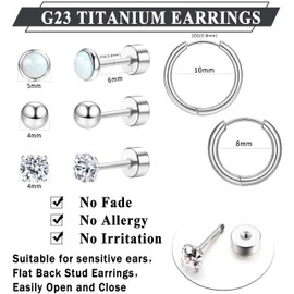 KRFY 5 Pairs Titanium Earrings for Men and Women, G23 Titanium Stud Earrings, Creole Earrings Opal Cubic Zirconia Ears, Piercing, Hypoallergenic Titanium Earrings, 20G Flatback Hoop Earrings for Women
