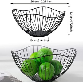PIQIUQIU Fruit Basket Black Metal 26.7 x 12.2 x 10 cm Fruit Basket Made of Iron Modern Round Fruit Basket Fruit Bowl