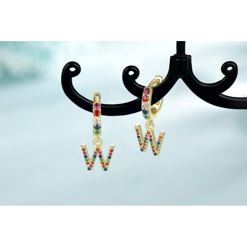 Qings Dangling Huggie Hoop Initial Earrings 925 Sterling Silver CZ