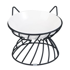 Raised Ceramic Cat Food Bowl - Elevated Cat Dish with Anti Slip Stand - Wide Shallow Cat Bowl Whisker Friendly - White Cat Plate - Cat Feeding Bowls - 8.5 oz - 5.75 inch