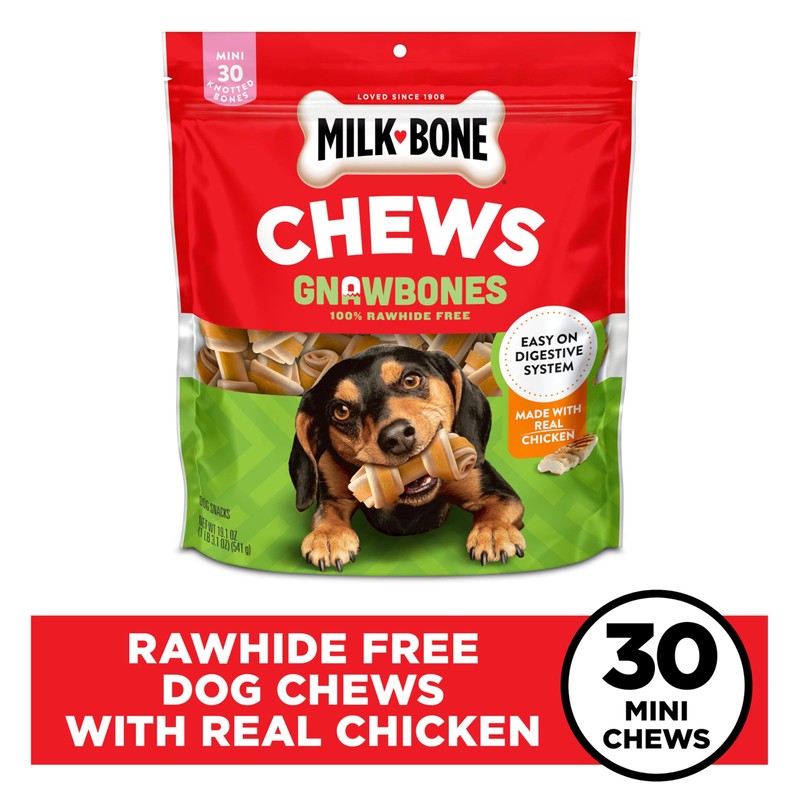 Milk-Bone Chews GnawBones Rawhide Free Dog Treats, Chicken, 30 Long