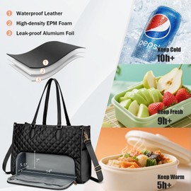 Updated 2-in-1 Insulated Lunch Bag & 15.6 Inch Laptop Tote for Women, Large Capacity Thermal Meal Bag with Padded Laptop Compartment, Quilted Work Bag for Office, Teacher, Commuter (Black)