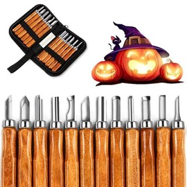 Pumpkin Carving Kit, 12Pcs/Set Wood Pumpkin Carving Tools, Woodworking Tools Set with a Leather Pouch, Full Size Knife Gouge Kit