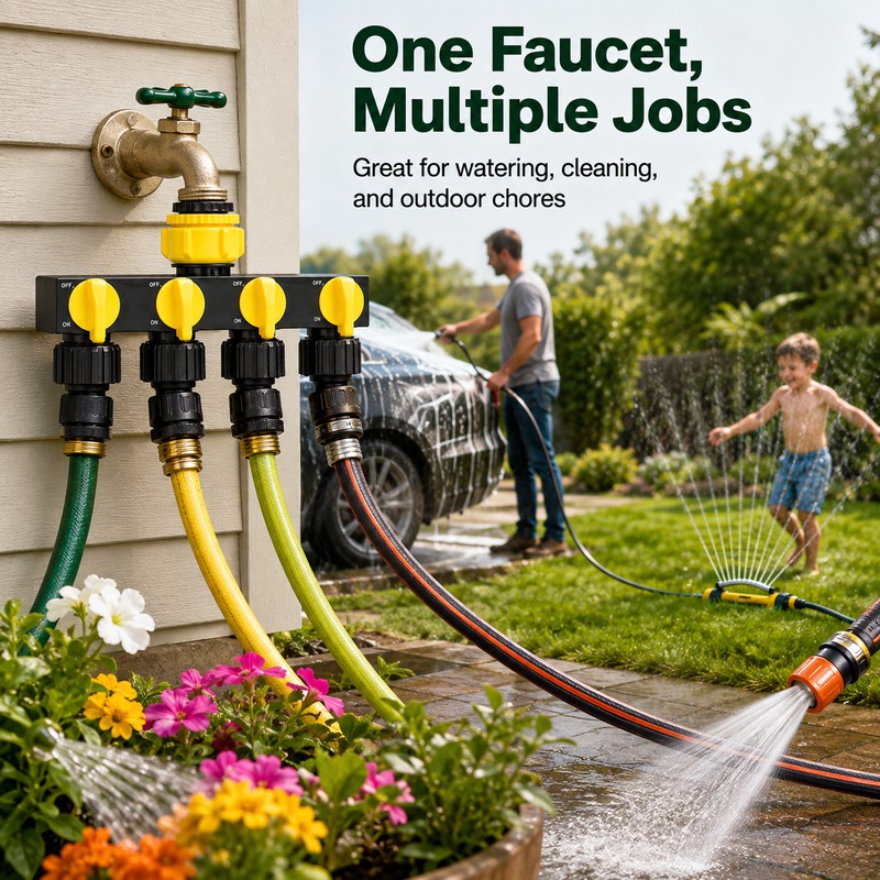 4-Way Garden Hose Splitter for Irrigation – Independent Valve Faucet