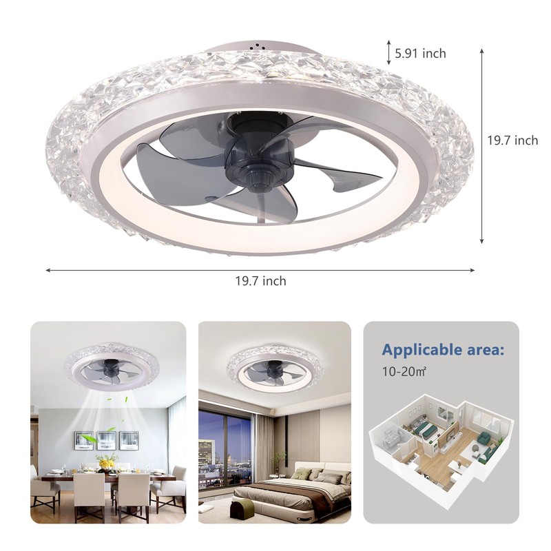 KINDLOV Modern Ceiling Fans with Lights, 19.7" Flush Mount Ceiling