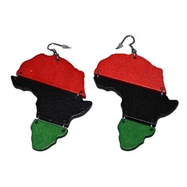 Tiger Smile Women's Red Black and Green Pan-african Flag Map Dangling Hoop Wooden Earrings with Silvertone 4" Long