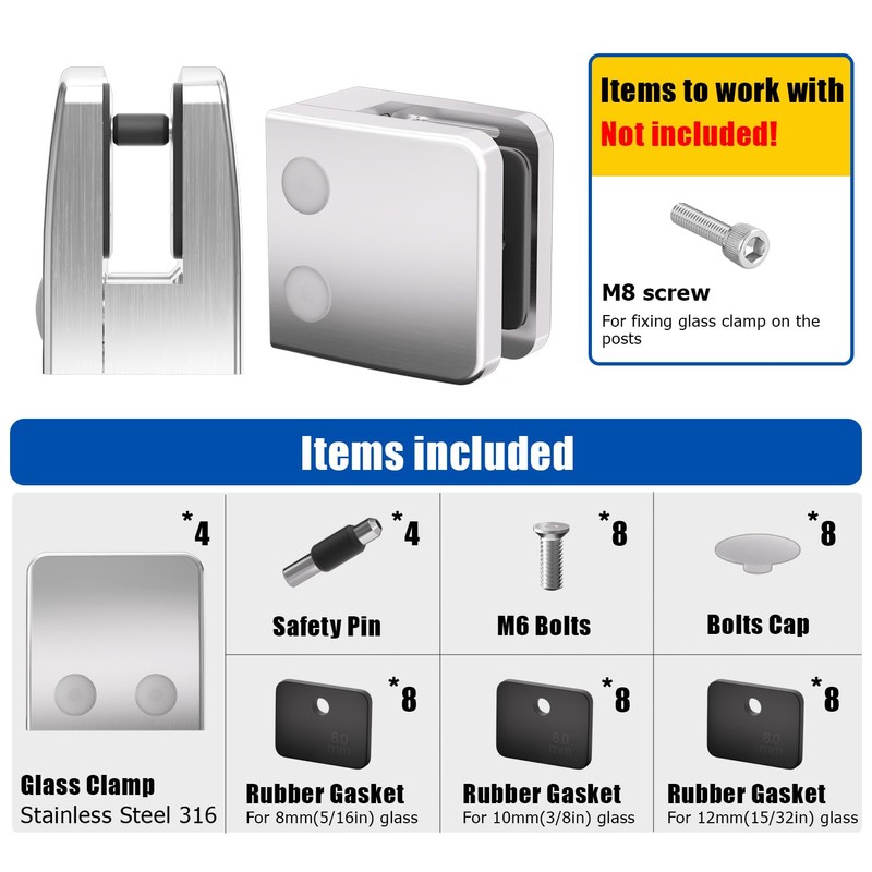 Glass Clamp,316 Stainless Steel 5/16", 3/8", 1/2" Adjustable Railing Glass