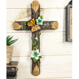 Rustic Western Butterfly Flitting On Flower Vines Faux Wooden Bark Wall Cross