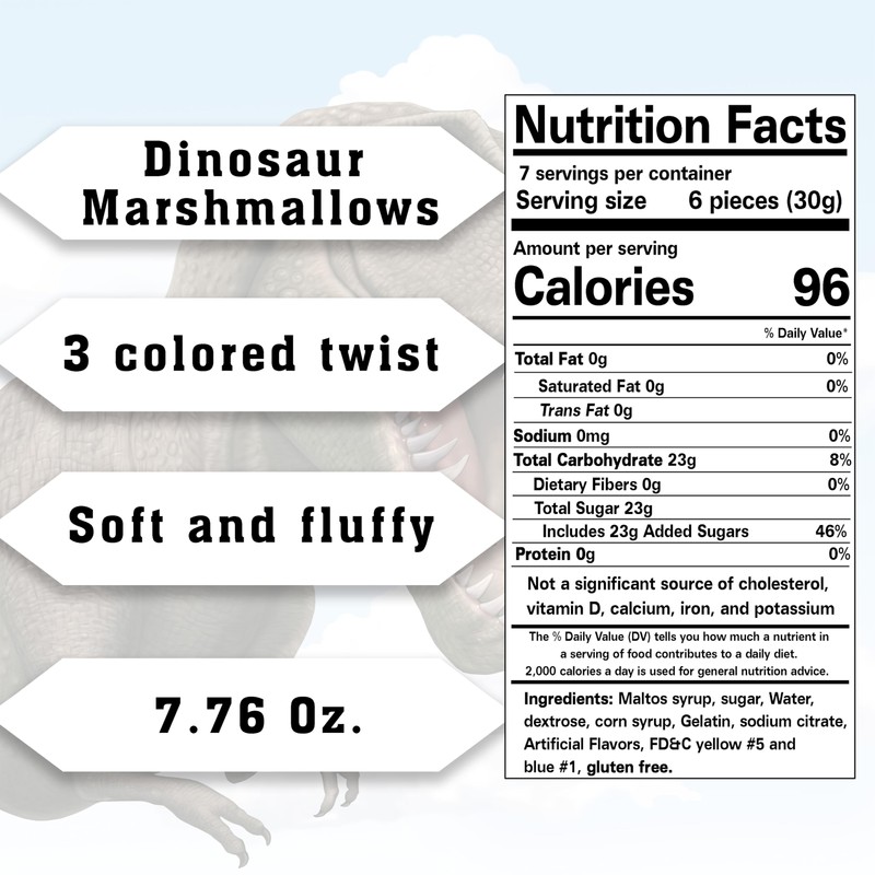 Dinosaur Twists Marshmallows - 7.76 oz Vanilla-Flavored 3-Color Twists (Yellow,