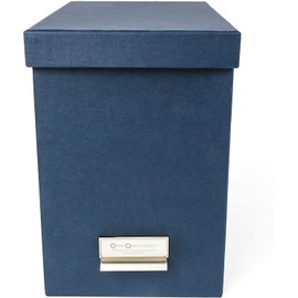 Bigso John Fiberboard Label Frame Desktop File Storage Box - Document Organizer for Important Paperwork - Durable Hanging File Box with a Lid & Metal Label Window - 7.4 in x 13 in x 10.4 in - Blue
