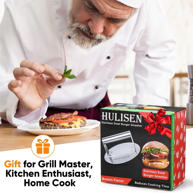HULISEN Stainless Steel Burger Press, 6.2 inch Round Burger Smasher,
