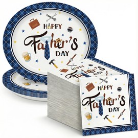 Dereinwo 50Pcs Father's Day Large 12" x 10" Oval Paper Plates and Napkins Disposable Heavy Duty Paper Plates and Napkins for Father's Day Party Supplies