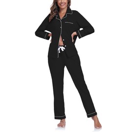 COLORFULLEAF Women's 100% Cotton Pajamas Set Long Sleeve Sleepwear Notched Collar Loungewear Button Down PJs (Black, M)