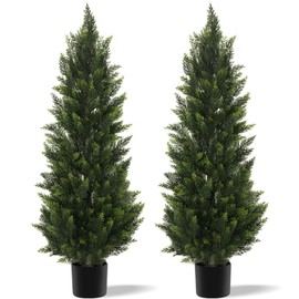 Outdoor Artificial Cedar Topiary Tree, Faux Evergreen Shrubs for Front Porch Decor, Lifelike Fake Bushes Plants for Home Living Room Front Door Decor (2, 4ft)