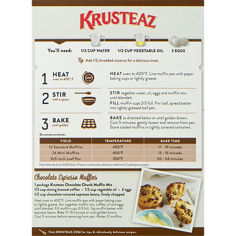Krusteaz Chocolate Chunk Muffin Mix - No Artificial Flavors/Preservatives -