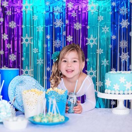 MECOLO Snowflake Birthday Party Decorations Backdrop 2 Pack Blue Christmas Tinsel Foil Fringe Curtains Party Streamer 3.3x6.6ft Winter Wonderland Snowflake Birthday Party Supplies